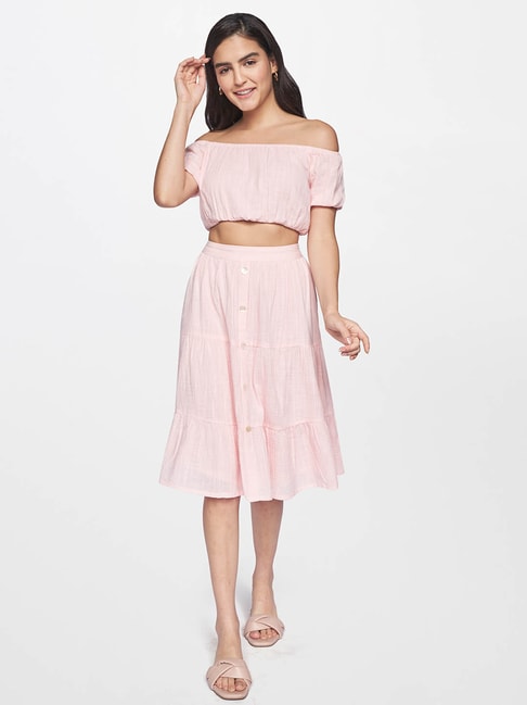 AND Light Pink Regular Fit  Crop Top With Skirt Price in India