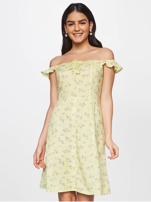 AND Lime Yellow Floral Print  A Line Dress Price in India