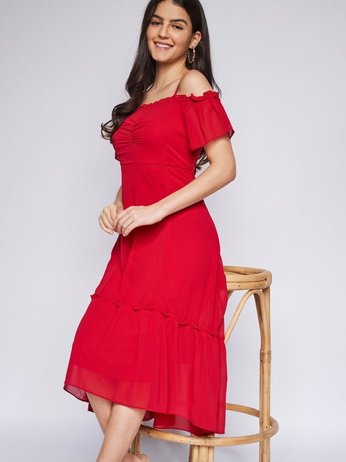 AND Red Flaired Fit  High Low Dress Price in India