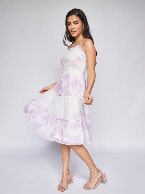 AND Lilac & White Textured  A Line Dress Price in India
