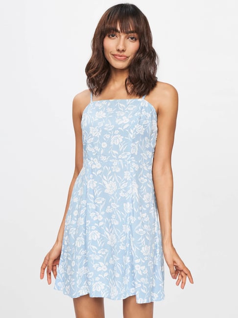 AND Powder Blue & White Floral Print  A Line Dress Price in India