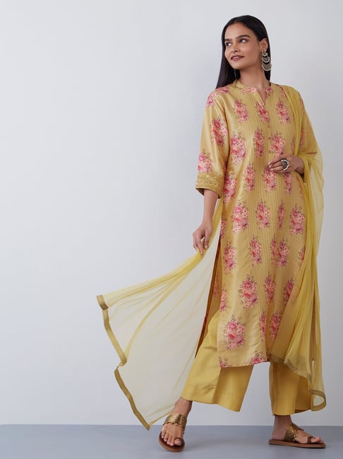 Vark by Westside Gold Floral Kurta, Palazzo, and Dupatta Set Price in India