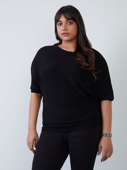 Gia Curves by Westside Black Shimmer-Detailed Knitted Top Price in India