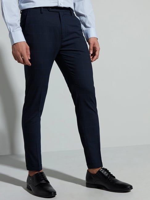 Buy WES Formals Navy Carrot Fit Mid-Rise Trousers from Westside