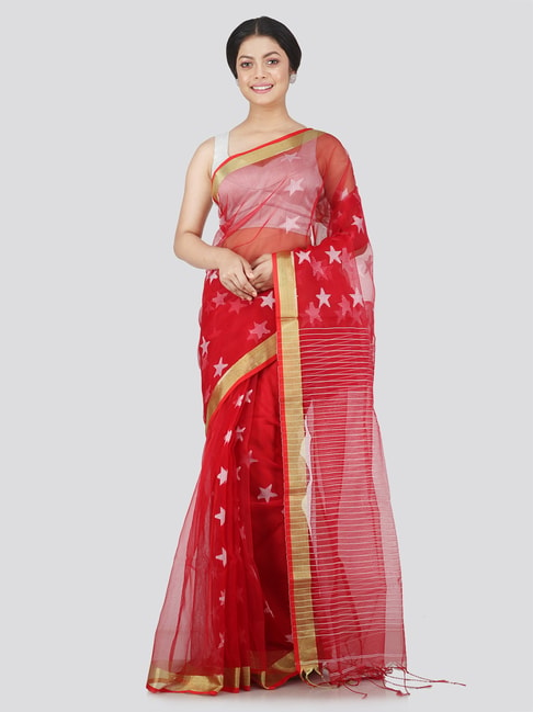 Pinkloom Red Silk Woven Saree With Unstitched Blouse Price in India