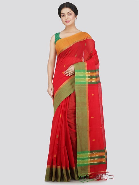 Pinkloom Red Cotton Silk Woven Saree With Unstitched Blouse Price in India