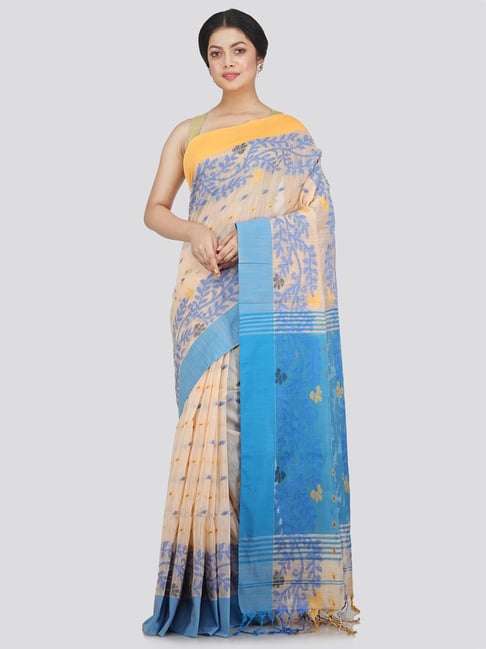 Pinkloom Beige & Blue Cotton Silk Woven Saree With Unstitched Blouse Price in India