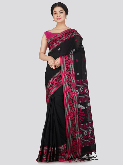 Pinkloom Black Cotton Woven Saree With Unstitched Blouse Price in India