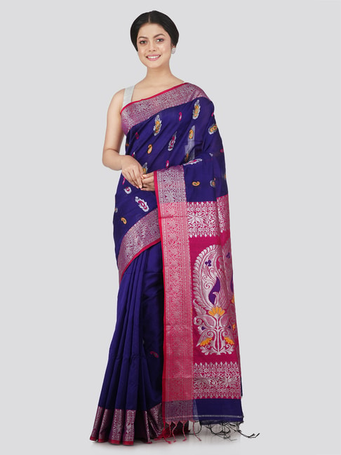 Pinkloom Blue & Pink Cotton Silk Woven Saree With Unstitched Blouse Price in India