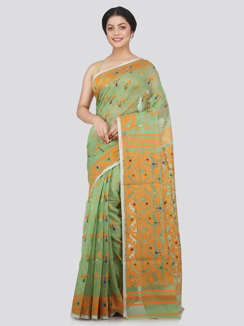 Pinkloom Green & Yellow Cotton Woven Saree Price in India