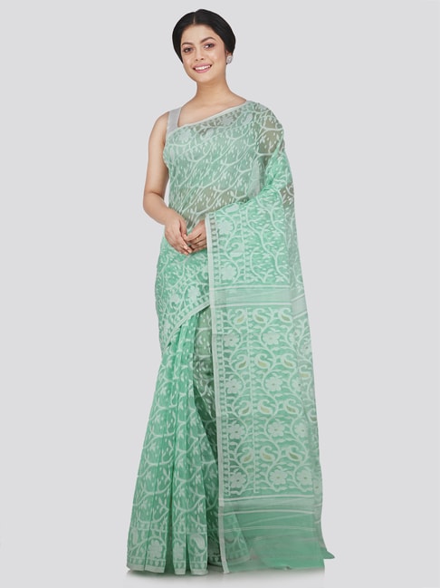 Pinkloom Green & White Cotton Woven Saree Price in India