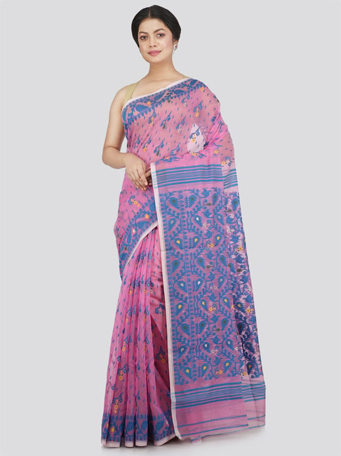 Pinkloom Pink & Blue Cotton Woven Saree Price in India