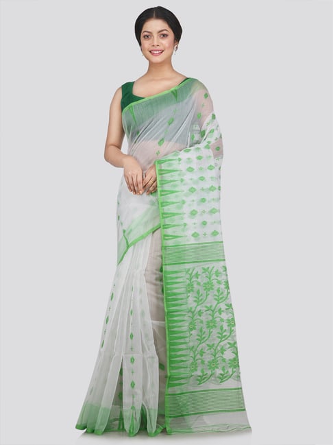 Pinkloom White & Green Woven Saree-picture-21