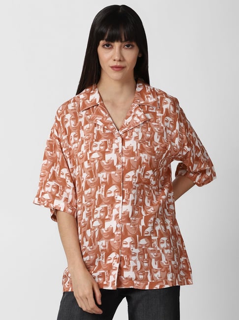 Forever 21 Brown & White Printed Longline Shirt Price in India