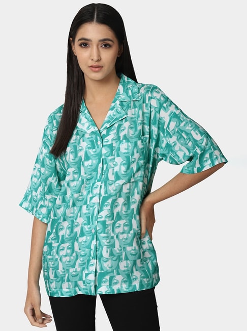 Forever 21 Green & White Printed Longline Shirt Price in India