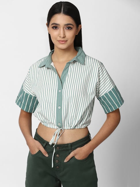 Forever 21 Green & White Striped Crop Shirt Price in India