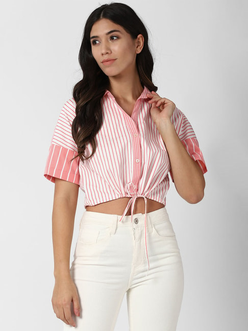 Forever 21 Pink & White Striped Crop Shirt Price in India