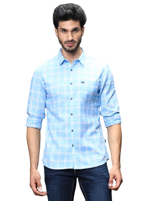 Identiti Blue Cotton Slim Fit Checks Shirts