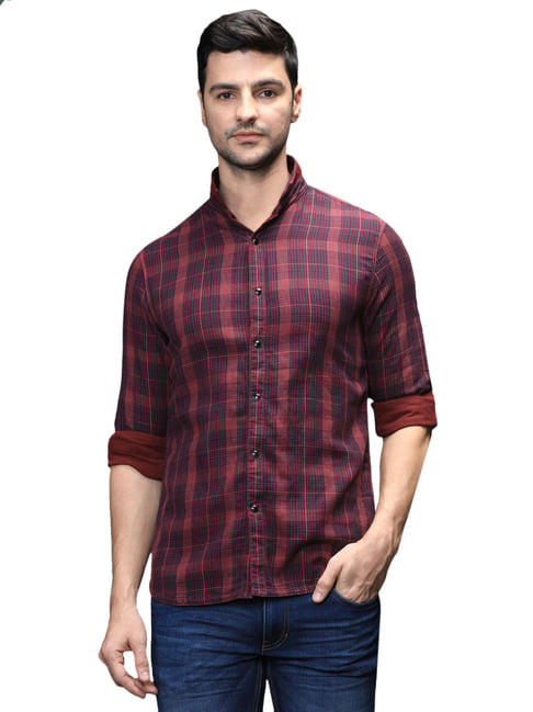 Identiti Red & Blue Cotton Slim Fit Checks Shirts