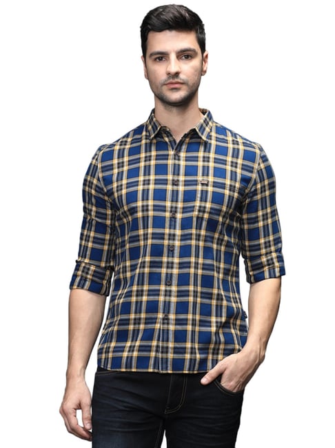 Identiti Blue Cotton Slim Fit Checks Shirts