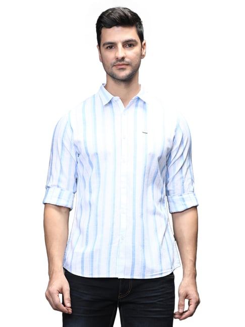 Identiti White & Blue Cotton Slim Fit Checks Shirts