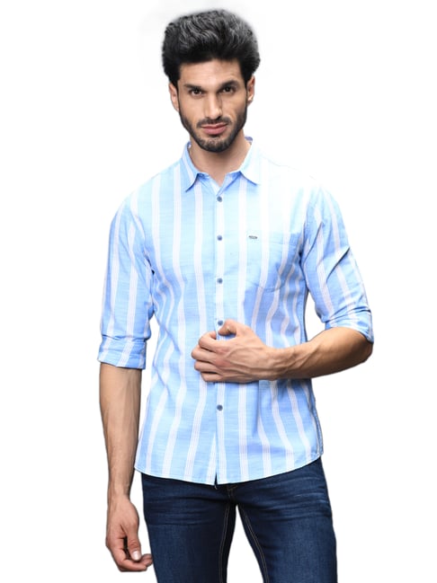 Identiti Blue Cotton Slim Fit Checks Shirts