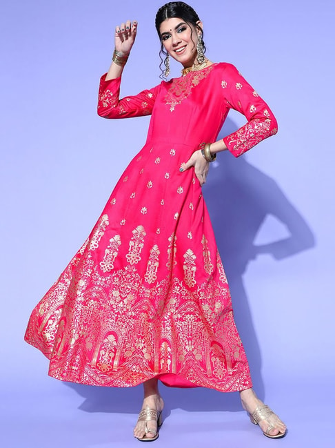 Indo Era Pink Printed Maxi Dress Price in India