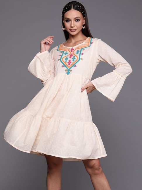 Indo Era Cream Cotton Embroidered A-Line Dress Price in India