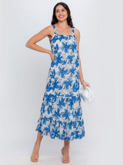 Zink London White & Blue Printed Maxi Dress Price in India