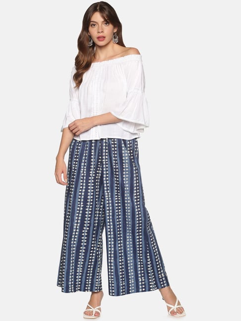 Saffron Threads White & Blue Top Palazzo Set