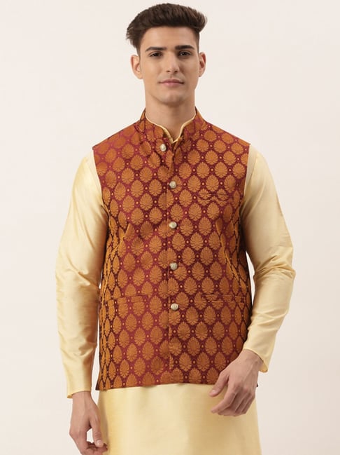 Jompers Maroon Regular Fit Self Pattern Nehru Jacket