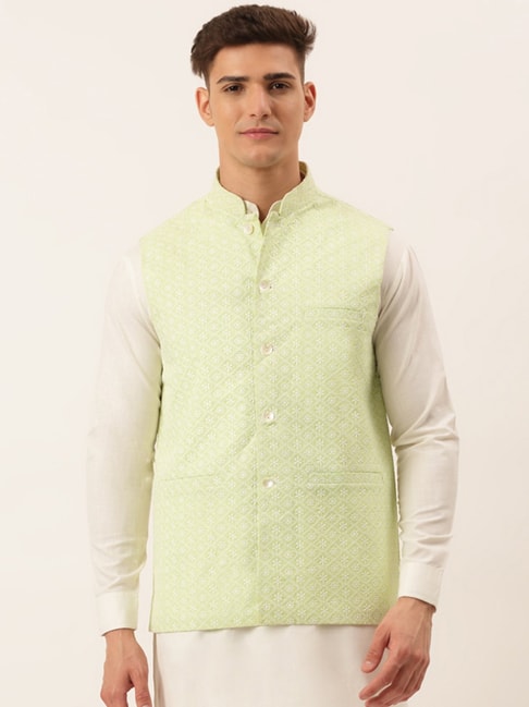 Jompers Green Cotton Regular Fit Embroidered Nehru Jacket