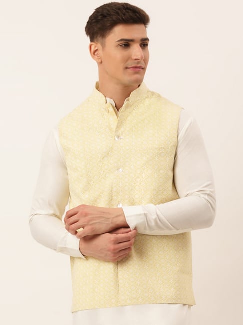 Jompers Yellow Cotton Regular Fit Embroidered Nehru Jacket