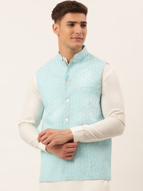 Jompers Sky Blue Cotton Regular Fit Embroidered Nehru Jacket