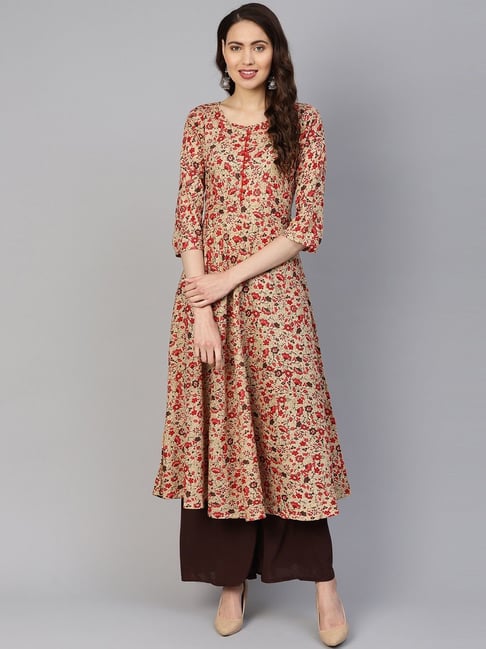 Jompers Beige & Red Cotton Floral Print Flared Kurta