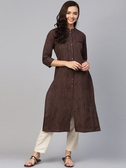 Jompers Brown Cotton Woven Pattern Straight Kurta Price in India