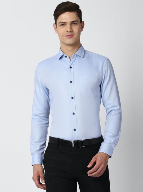 Peter England Blue Cotton Slim Fit Self Pattern Shirt