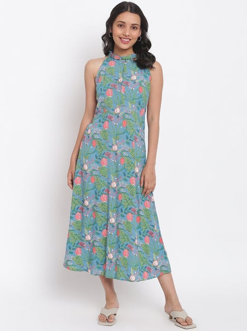 Fabindia Teal Blue Floral Print A-Line Dress Price in India