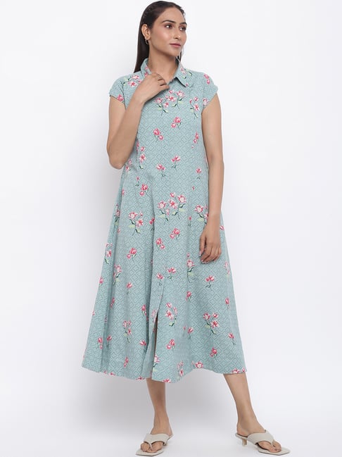Fabindia Green Floral Print A-Line Dress Price in India