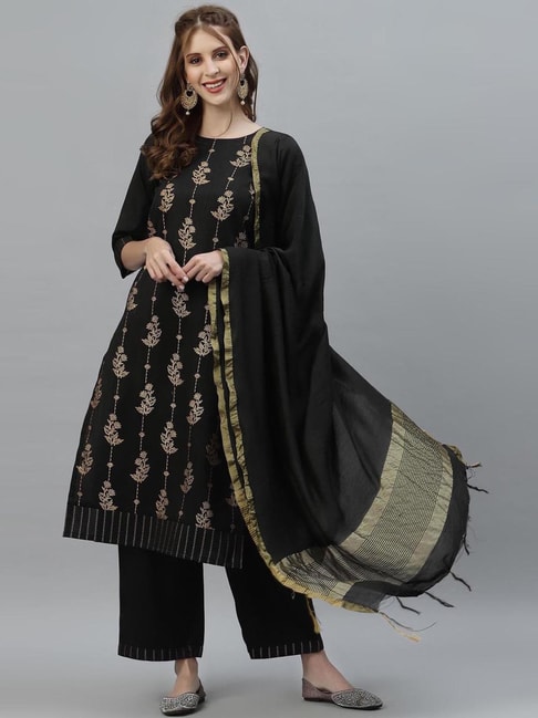 Satrani Black Printed Kurta Pant Set With Dupatta Price in India