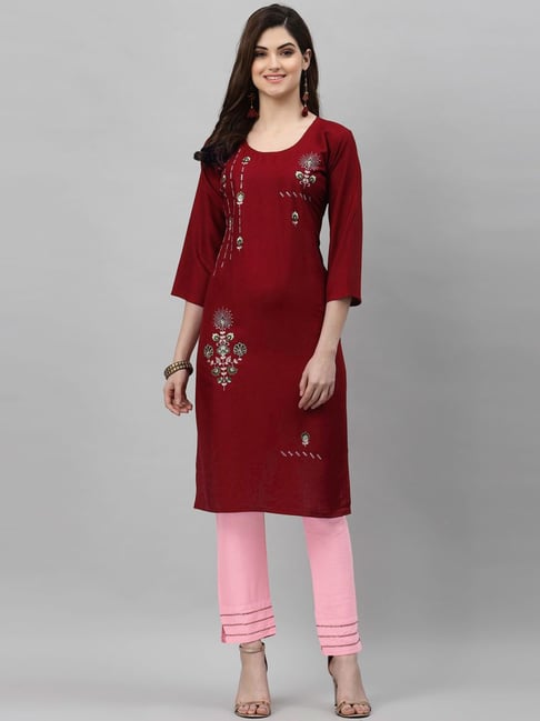 Satrani Maroon Embroidered Kurta Pant Set Price in India