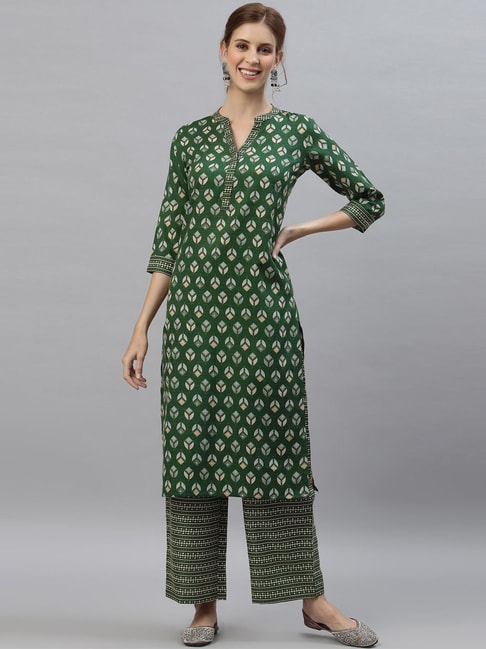 Satrani Green Printed Kurta Pant Set Price in India