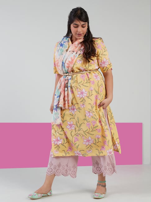 Diza Curves by Westside Yellow Floral Design Straight Kurta Price in India