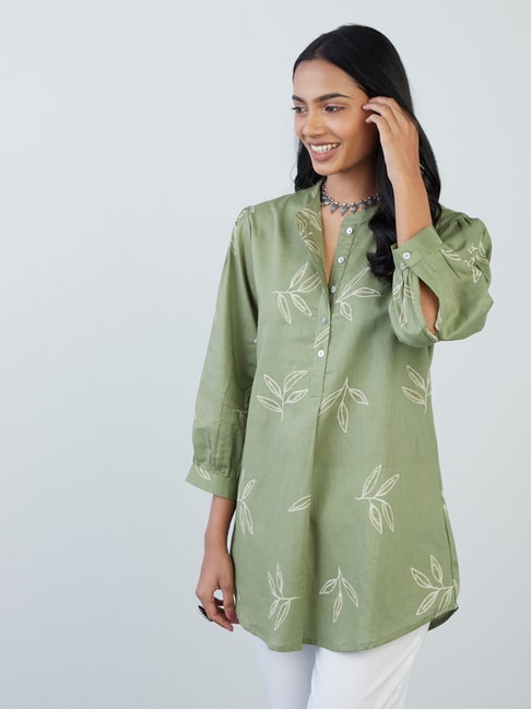 Utsa by Westside Light Olive Printed Ethnic Top Price in India