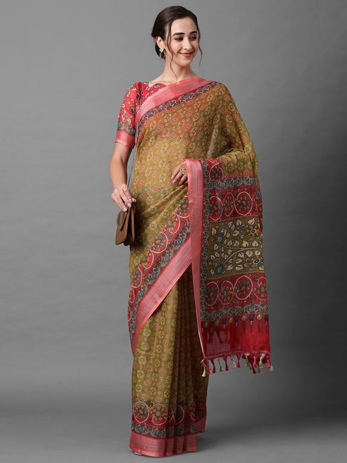 Saree Mall Green & Pink Linen Printed Saree With Unstitched Blouse