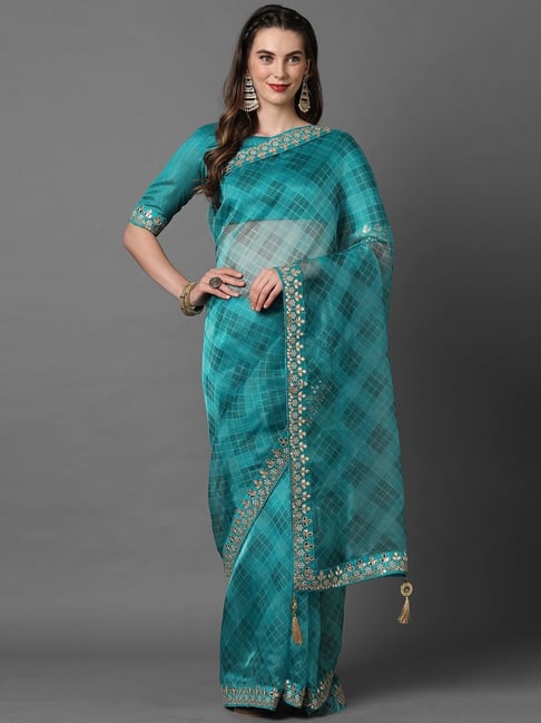 Saree Mall Turquoise Embellished Saree With Unstitched Blouse Price in India
