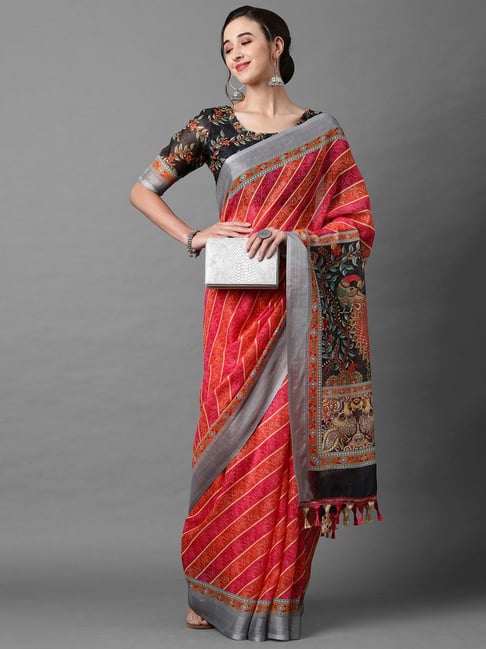Saree Mall Orange Linen Printed Saree With Unstitched Blouse