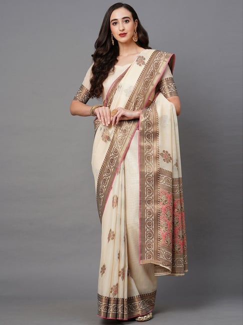 Saree Mall Off-White Woven Saree With Unstitched Blouse Price in India