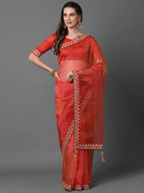 Saree Mall Red Embellished Saree With Unstitched Blouse Price in India