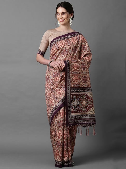 Saree Mall Brown Printed Saree With Unstitched Blouse Price in India